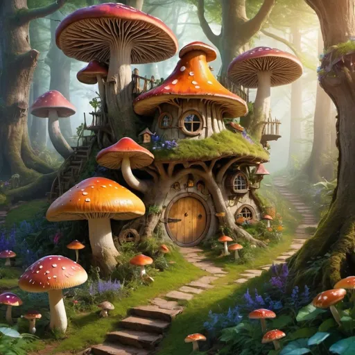 Prompt: A bright and vibrant enchanted forest filled with fairy tale mushroom tree houses and hobbit houses