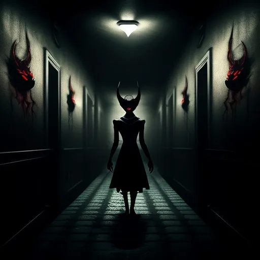 Prompt: (ominous devil silhouette), piercing stare, dark hallway, (Junji Ito manga style), uncanny atmosphere, sparks anxiety, spiders creeping, tense mood, highly detailed shadows, chill down the spine effect, eerie surroundings, horror aesthetic, dramatic lighting, stark contrasts, unsettling visual elements, striking legendary style, (4K ultra-detailed).