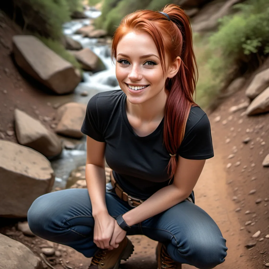 Prompt: a hyper realistic girl with red hair in a ponytail tan flawless wearing and open black shirt with no shirt underneath wearing jeans and a belt in hiking boots looking happy and smiling kneeling inside looking up at camera looking down at her