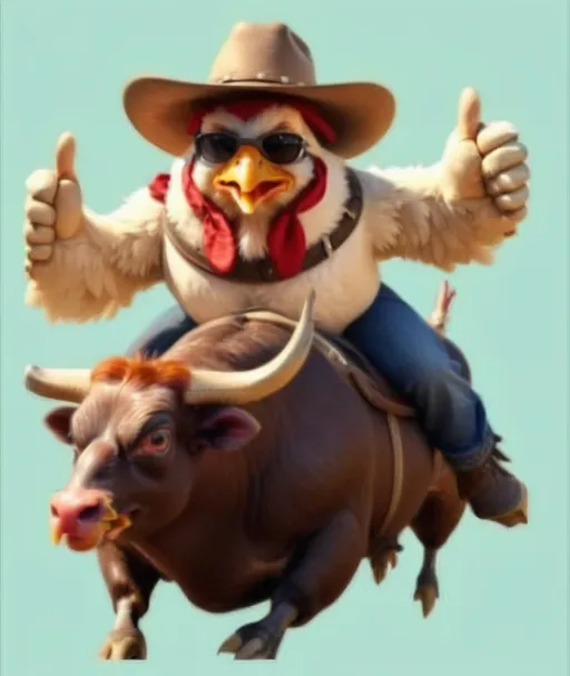 Prompt: a chicken riding on the back of a bull with a cowboy hat on it's head and giving a thumbs up, Aquirax Uno, computer art, western, a stock photo