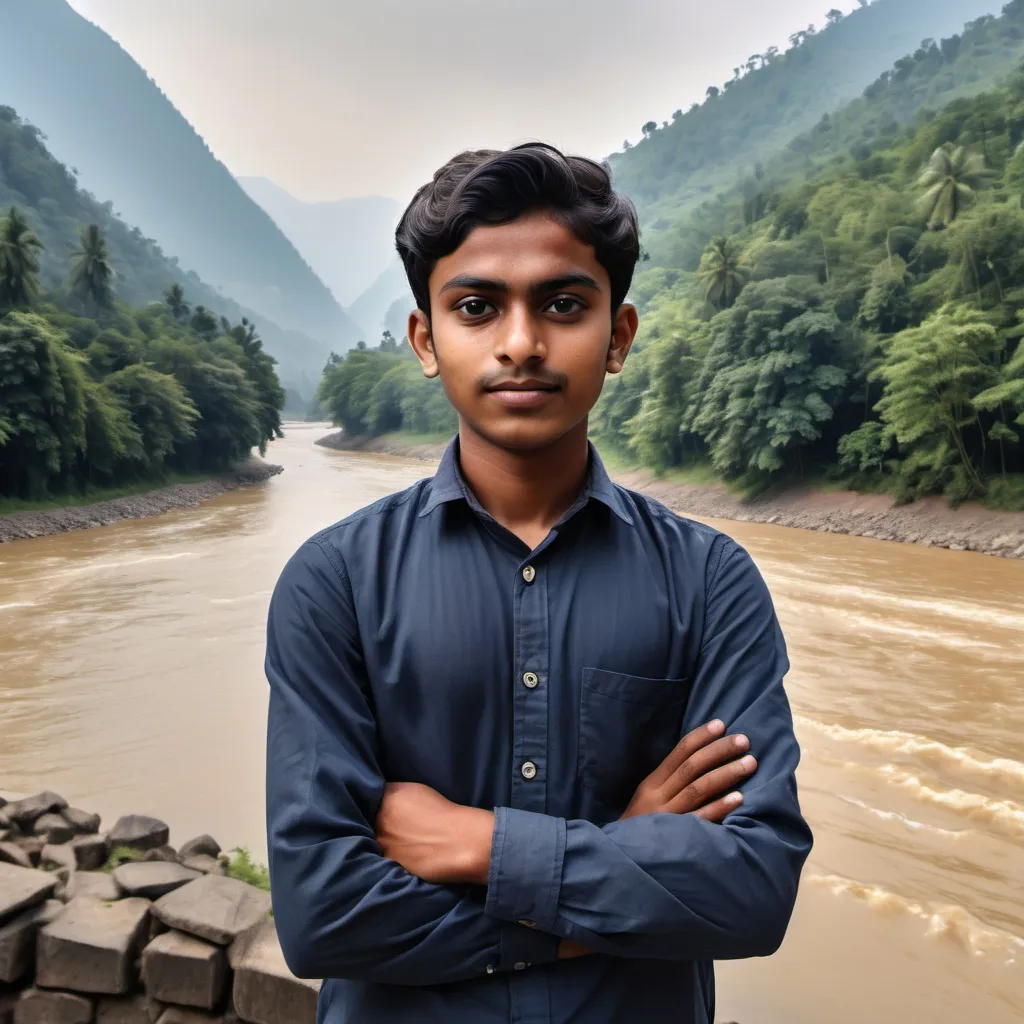 Prompt: a young man standing with his arms crossed in front of a river and a forest in the background with a mountain in the background, Bikash Bhattacharjee, bengal school of art, professional photo, a character portrait