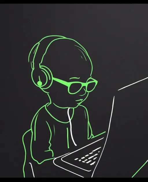 Prompt: simple lime green sketch, black background, line green sketch, cool baby with headphones and sunglasses, hacking behind a computer without an apple, 1s and 0s in the background, binary code, mischievous 