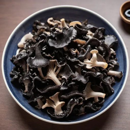 Prompt: Dry Black fungus mushrooms dish