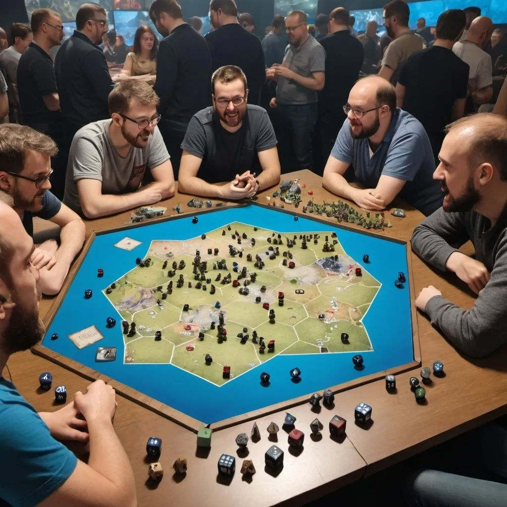 Prompt: people at wargaming table shout at each other, on the table there are miniatures, gaming dice and hexagonal maps