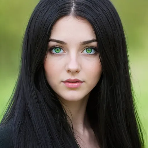 Prompt: Girl with long black hair and green eyes