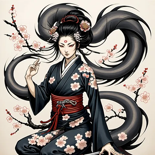 Prompt: "Demon Nine-Tailed Ninja Lady: Central figure, elegantly poised, showcasing her nine flowing tails that swirl around her. Her features are fierce yet captivating, adorned with traditional ninja attire. Flowers: Cherry blossoms scattered around her, symbolizing beauty and the transient nature of life." in Japanese (Irezumi) style. The tattoo size should be Medium (4-6 inches). It should be designed for placement on the Calf. The level of detail should be Moderately Detailed. Include the following main elements: Flower, Animal, Mandala, Mythical Creature, Dragon, Snake, Sun/Moon, Phoenix, Symbol, Nature Scene. Incorporate these secondary elements: Background Texture, Crystals, Lace Patterns, Water Droplets, Constellations, Arrows, Feathers, Leaves, Clouds, Stars, Branches, Smoke, Sacred Geometry, Ornamental Details. The design should be cohesive, visually appealing, and suitable for a tattoo. Create an enlarged tattoo design for the specific body part, showing the design and the body are detailed, dark colors, dramatic, graphic novel illustration,  2d shaded retro comic book