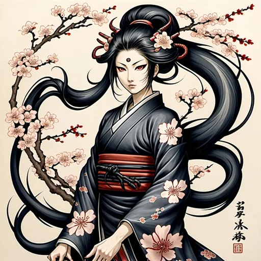 Prompt: "Demon Nine-Tailed Ninja Lady: Central figure, elegantly poised, showcasing her nine flowing tails that swirl around her. Her features are fierce yet captivating, adorned with traditional ninja attire. Flowers: Cherry blossoms scattered around her, symbolizing beauty and the transient nature of life." in Japanese (Irezumi) style. The tattoo size should be Medium (4-6 inches). It should be designed for placement on the Calf. The level of detail should be Moderately Detailed. Include the following main elements: Flower, Animal, Mandala, Mythical Creature, Dragon, Snake, Sun/Moon, Phoenix, Symbol, Nature Scene. Incorporate these secondary elements: Background Texture, Crystals, Lace Patterns, Water Droplets, Constellations, Arrows, Feathers, Leaves, Clouds, Stars, Branches, Smoke, Sacred Geometry, Ornamental Details. The design should be cohesive, visually appealing, and suitable for a tattoo. Create an enlarged tattoo design for the specific body part, showing the design and the body are detailed, dark colors, dramatic, graphic novel illustration,  2d shaded retro comic book