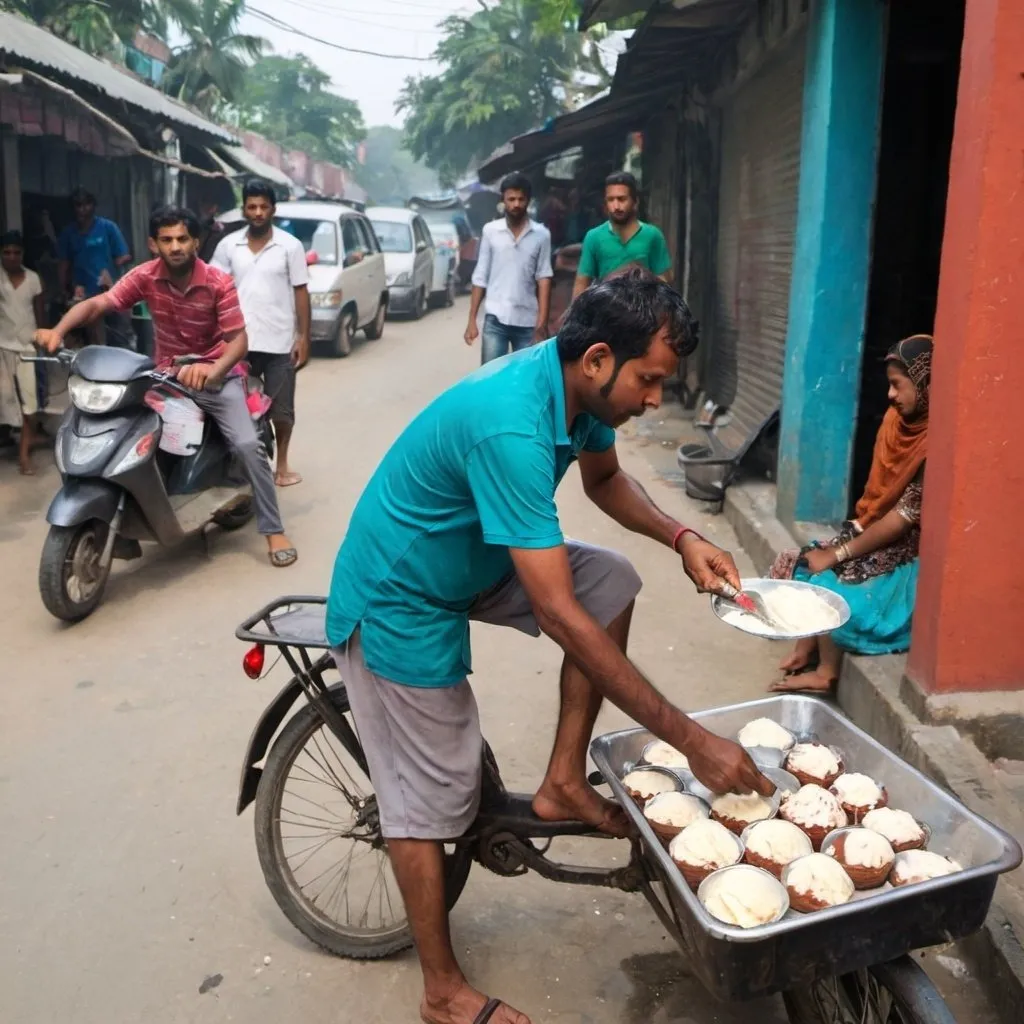 Prompt: a bangladeshi man working on the street and buying ice cream
