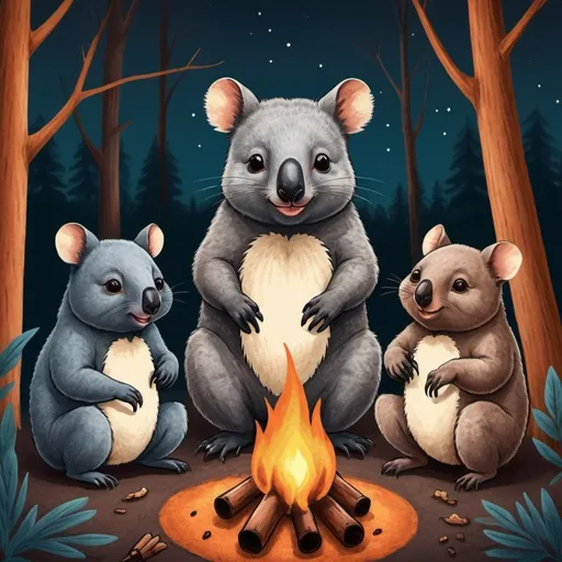 Prompt: I want to create a poster using images of a wombat, Australian short-tailed possum, and koala in a simple crayon drawing style. The three animals are gathered around a campfire, having a delightful chat. The background depicts a nighttime forest with a contrast between warm and cool tones.