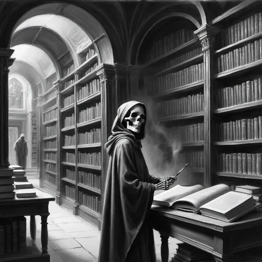 Prompt: charcoal painting ancient library with cloaked-skeleton-librarian looking for a book in the far background. 