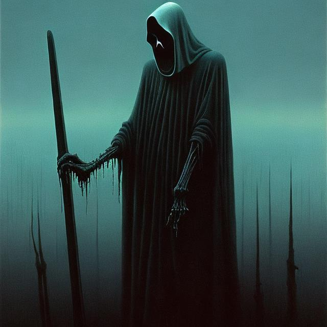 Prompt: The grim reaper from a distance in the style of Zdzislaw Beksinski.


