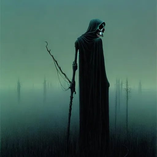 Prompt: The grim reaper from a distance in the style of Zdzislaw Beksinski.


