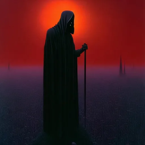 Prompt: The grim reaper from a distance in the style of Zdzislaw Beksinski.


