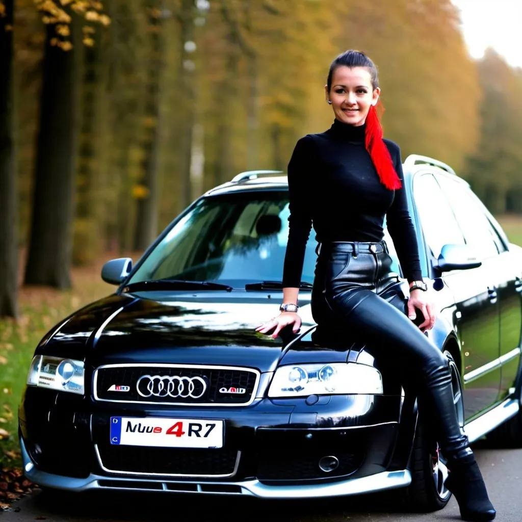 Prompt: Une femme a côté d'une Audi RS4 b5 