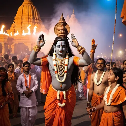 Prompt: "Capture the vibrant festivities of Mahashivratri in Ujjain, India, as devotees gather to celebrate amidst the colorful decorations, rhythmic chants, and spiritual fervor. Show the essence of this auspicious occasion through the joyous faces, traditional attire, and the ambiance of devotion."