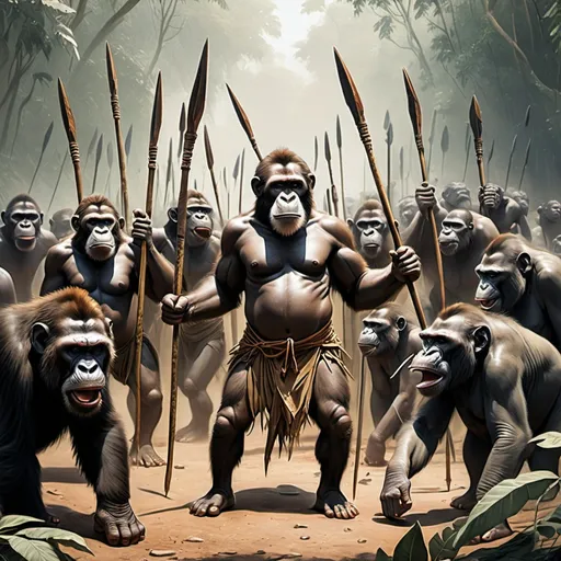 Prompt: A group of ape men holding spears surrounded and prepared to hunt down an elephant