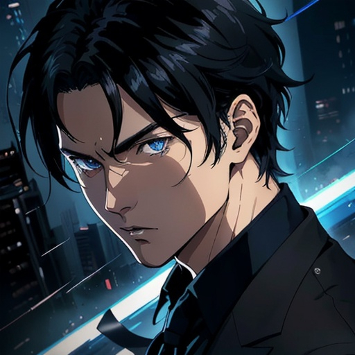 Prompt: (masterpiece), (anime style), award winning, close up, centered, Instagram able, looking toward camera, dynamic pose, messy black hair, young man, blue eyes, modern intricate background, dynamic lighting, depth of field, ultra detailed, (epic composition, epic proportion), 2D illustration, professional work, black clothes