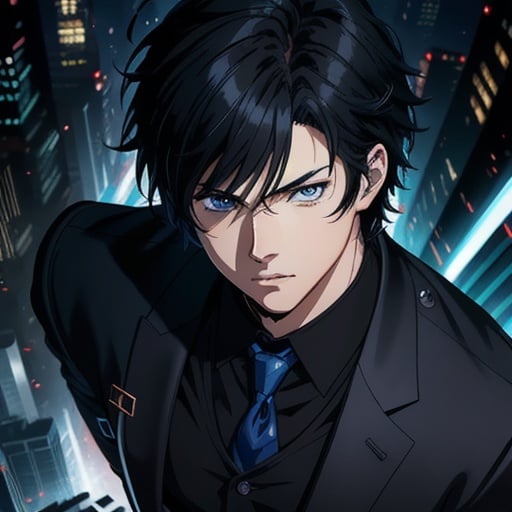 Prompt: (masterpiece), (anime style), award winning, close up, centered, looking toward camera,  messy black hair, young man, blue eyes, modern intricate background, dynamic lighting, depth of field, ultra detailed, (epic composition, epic proportion), 2D illustration, professional work, black clothes