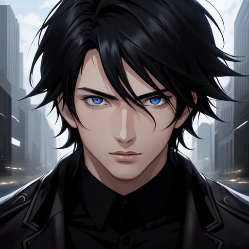 Prompt: (masterpiece), (anime style), award winning, close up, centered, headshot, looking toward camera,  messy black hair, young man, blue eyes, modern background, dynamic lighting, depth of field, ultra detailed, (epic composition, epic proportion), 2D illustration, professional work, black clothes