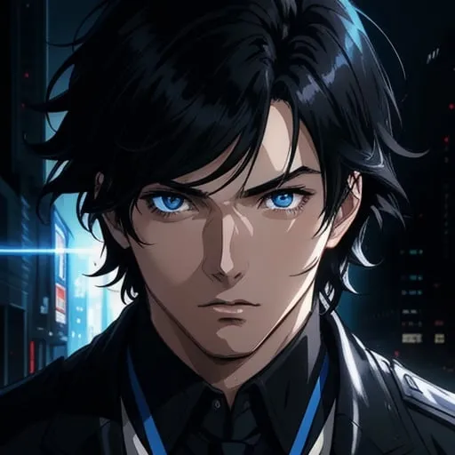 Prompt: (masterpiece), (anime style), award winning, close up, centered, headshot, looking toward camera,  messy black hair, young man, blue eyes, modern background, dynamic lighting, depth of field, ultra detailed, (epic composition, epic proportion), 2D illustration, professional work, black clothes