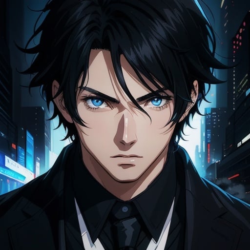 Prompt: (masterpiece), (anime style), award winning, close up, centered, headshot, looking toward camera,  messy black hair, young man, blue eyes, modern background, dynamic lighting, depth of field, ultra detailed, (epic composition, epic proportion), 2D illustration, professional work, black clothes