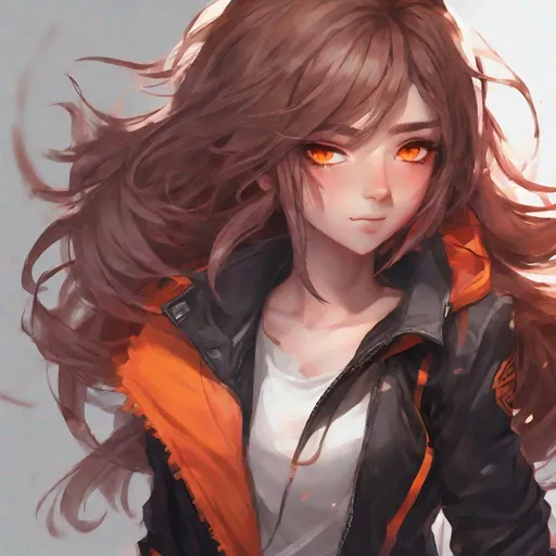 Prompt: ((best quality)), ((illustration)), ((masterpiece)), bright  colors, unreal engine, highres, fantasy, 1 girl, light skin, Black jacket, bright crimson eyes, brown hair, angry, flowing hair, orange aura, highly detailed, anime style
