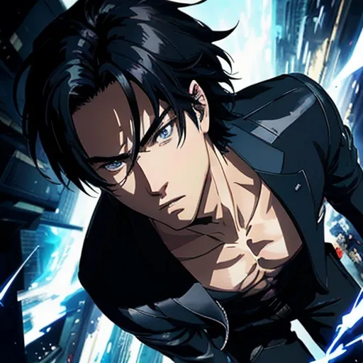 Prompt: (masterpiece), (anime style), award winning, close up, centered, Instagram able, looking toward camera, dynamic pose, messy black hair, young man, blue eyes, modern intricate background, dynamic lighting, depth of field, ultra detailed, (epic composition, epic proportion), 2D illustration, professional work, black clothes