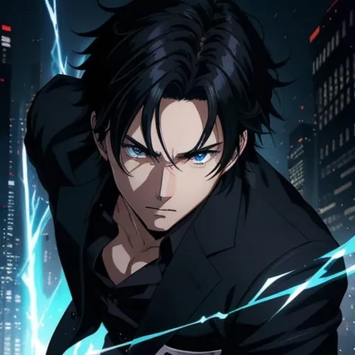 Prompt: (masterpiece), (anime style), award winning, close up, centered, looking toward camera,  messy black hair, young man, blue eyes, modern intricate background, dynamic lighting, depth of field, ultra detailed, (epic composition, epic proportion), 2D illustration, professional work, black clothes