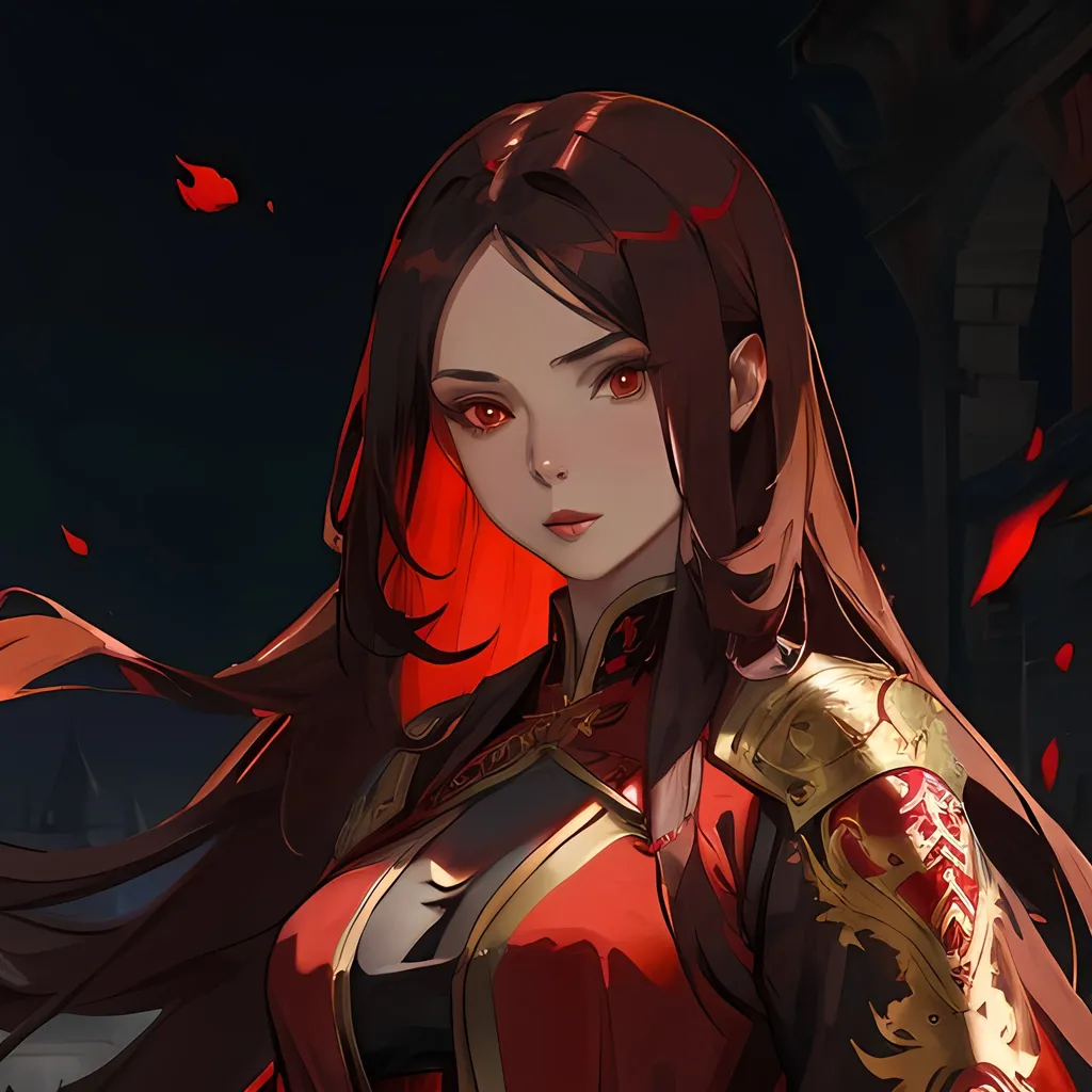 Prompt: woman with long brown hair and red eyes, medieval concubine, anime style, highly detailed, intricate background, red and black clothes, Greg Rutkowski