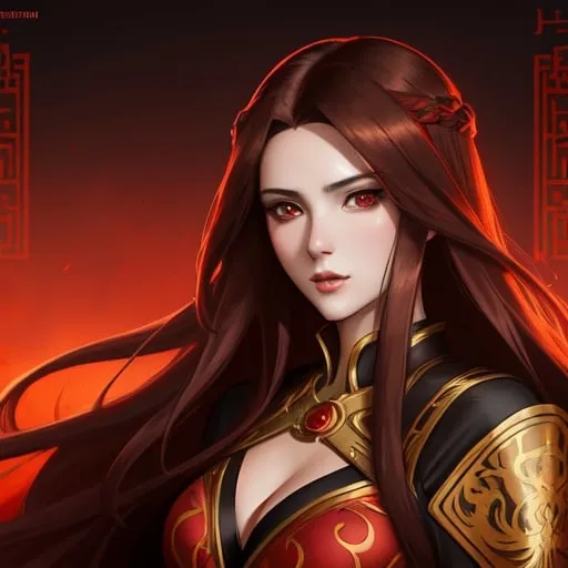 Prompt: woman with long brown hair and red eyes, medieval concubine, anime style, highly detailed, intricate background, red and black clothes, Greg Rutkowski