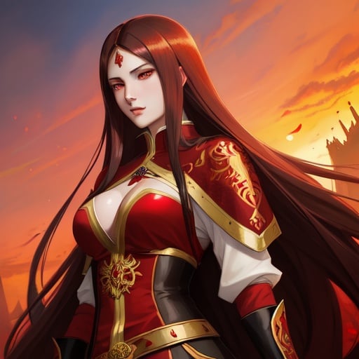 Prompt: woman with long brown hair and red eyes, medieval concubine, anime style, highly detailed, intricate background, red and black clothes, Greg Rutkowski