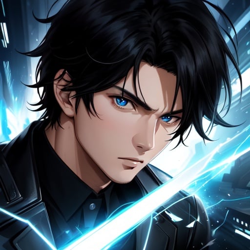 Prompt: (masterpiece), (anime style), award winning, close up, centered, headshot, looking toward camera,  messy black hair, young man, blue eyes, modern background, dynamic lighting, depth of field, ultra detailed, (epic composition, epic proportion), 2D illustration, professional work, black clothes