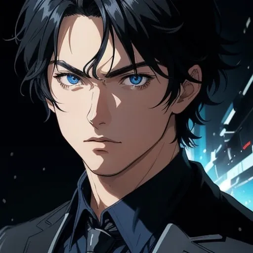 Prompt: (masterpiece), (anime style), award winning, close up, centered, headshot, looking toward camera,  messy black hair, young man, blue eyes, modern background, dynamic lighting, depth of field, ultra detailed, (epic composition, epic proportion), 2D illustration, professional work, black clothes