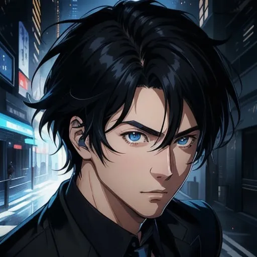 Prompt: (masterpiece), (anime style), award winning, close up, centered, looking toward camera,  messy black hair, young man, blue eyes, modern intricate background, dynamic lighting, depth of field, ultra detailed, (epic composition, epic proportion), 2D illustration, professional work, black clothes