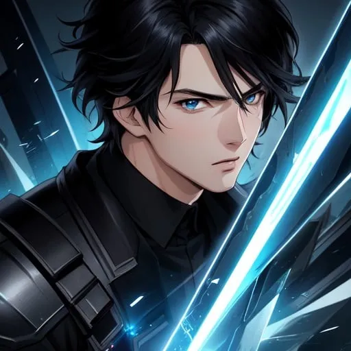 Prompt: (masterpiece), (anime style), award winning, close up, centered, headshot, looking toward camera,  messy black hair, young man, blue eyes, modern background, protector,  ultra detailed, (epic composition, epic proportion), 2D illustration, professional work, black clothes
