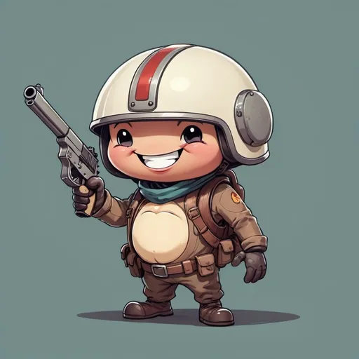 Prompt: a dumb and cute bean character smiling and holding a gun wearing a helmet