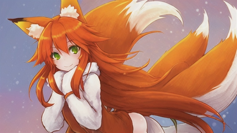 Prompt: A Fox girl, green eyes, Fox ears, fox tail, happy, long orange hair, white skin, snowy background, warm clothes