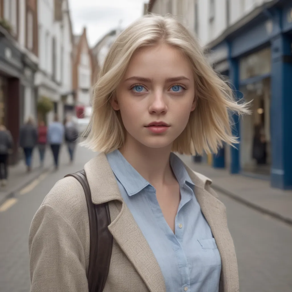 Prompt: Short young woman with blonde hair and blue natural eyes,  walking down the high street, detailed clothing, realistic, natural lighting