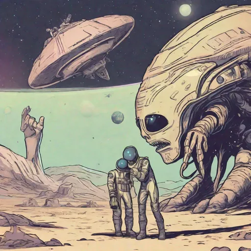 Prompt: a guy taking a selfie with alien on earth in front of a spaceship