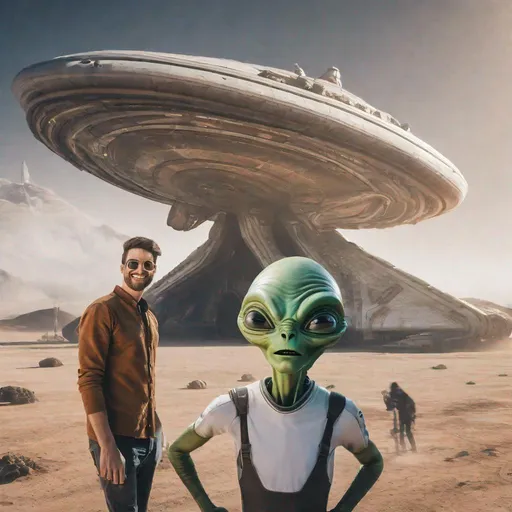 Prompt: a guy taking a selfie with alien on earth in front of a spaceship