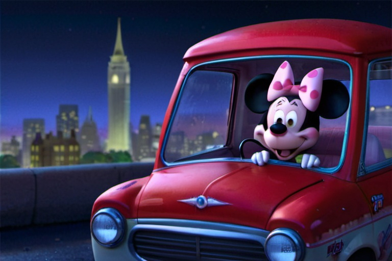 Prompt: miki mouse in a car drifting in a night city