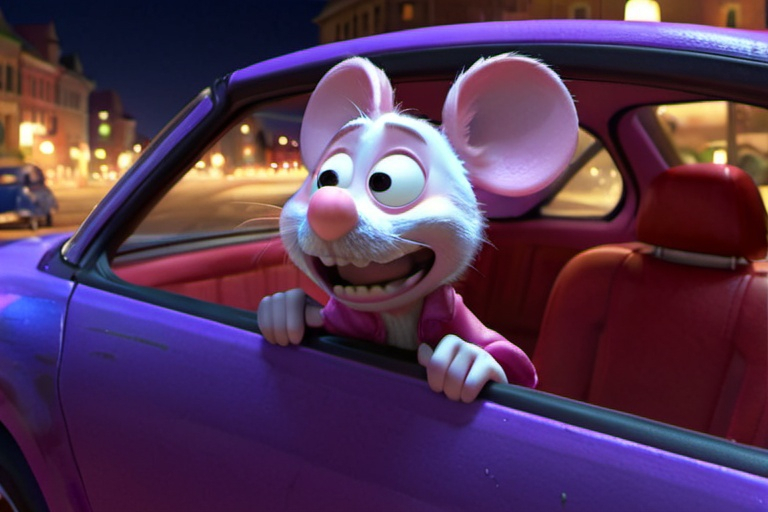 Prompt: miki mouse in a car drifting in a night city