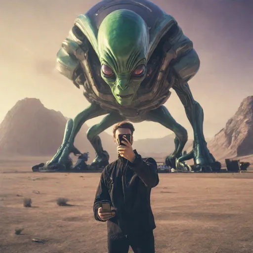 Prompt: a guy taking a selfie with alien on earth in front of a spaceship