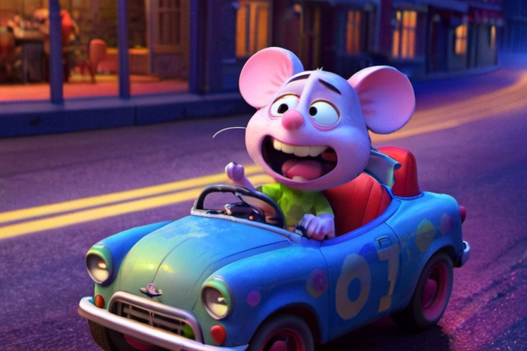 Prompt: miki mouse in a car drifting in a night city