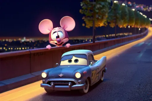 Prompt: miki mouse in a car drifting in a night city