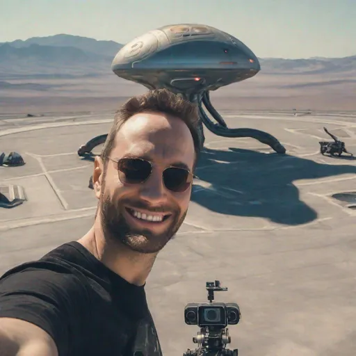 Prompt: a guy taking a selfie with alien on earth in front of a spaceship