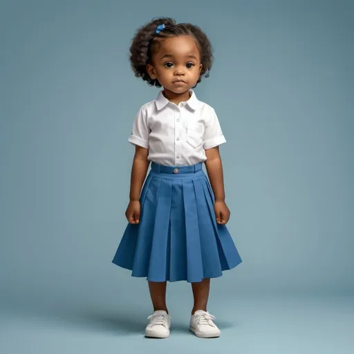 Prompt: Full body  2d illustration of a nigerian 6 years old girl wearing white shirt, turking  in on a blue skirt  on a plain 
 background