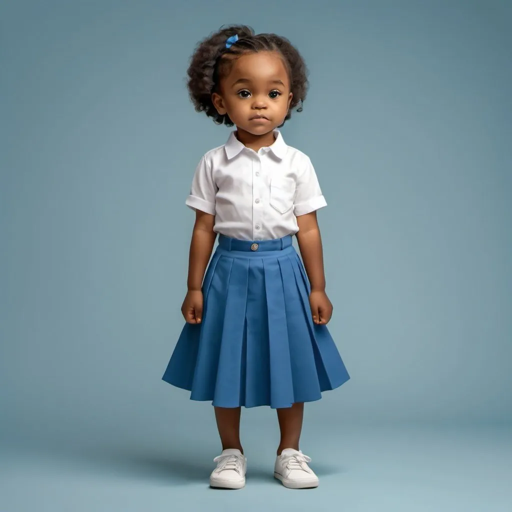 Prompt: Full body  2d illustration of a nigerian 6 years old girl wearing white shirt, turking  in on a blue skirt  on a plain 
 background