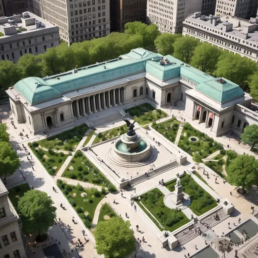 Prompt: Create a bird eye view of a European building like the New York public library with water fountains, greens, staircases and statues with a big garden