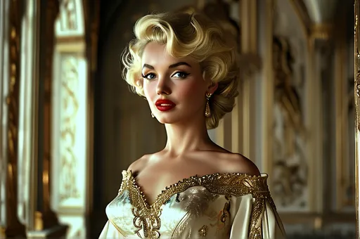 Prompt: (Marilyn Monroe wearing a glamorous dress), Skyrim Dibellan Princess, high fashion, exquisite elegance, (soft lighting), fantasy aesthetic, impeccable style, sophisticated grace, delicate facial features, flowing hair, lavish fabric details, luxurious background with stylish decor, timeless beauty, evoking classic Hollywood glamour, (ultra-detailed).